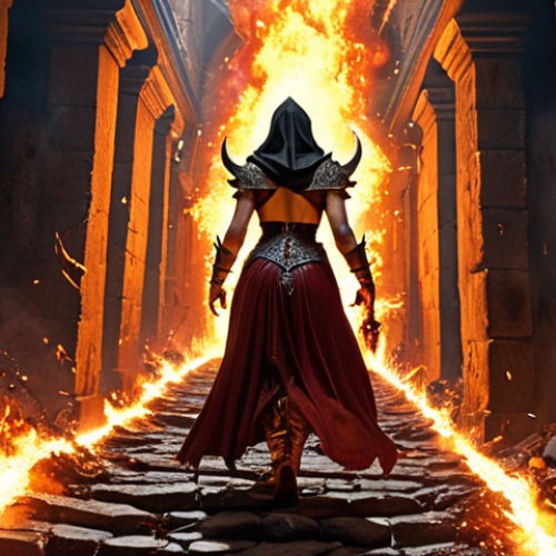 Home 4 **
Prompt: Diablo II Sorceress teleporting through a narrow passage crowded with Fallen Lunatics, fiery explosions behind her, emphasizing speed and skillful escape.
**