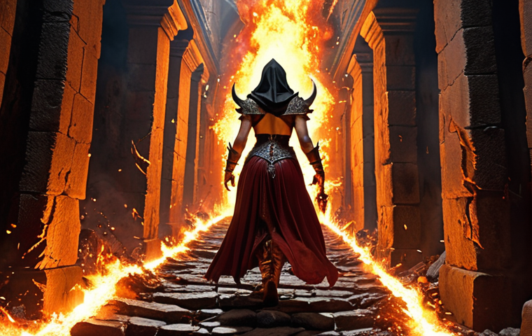 **
Prompt: Diablo II Sorceress teleporting through a narrow passage crowded with Fallen Lunatics, fiery explosions behind her, emphasizing speed and skillful escape.
**