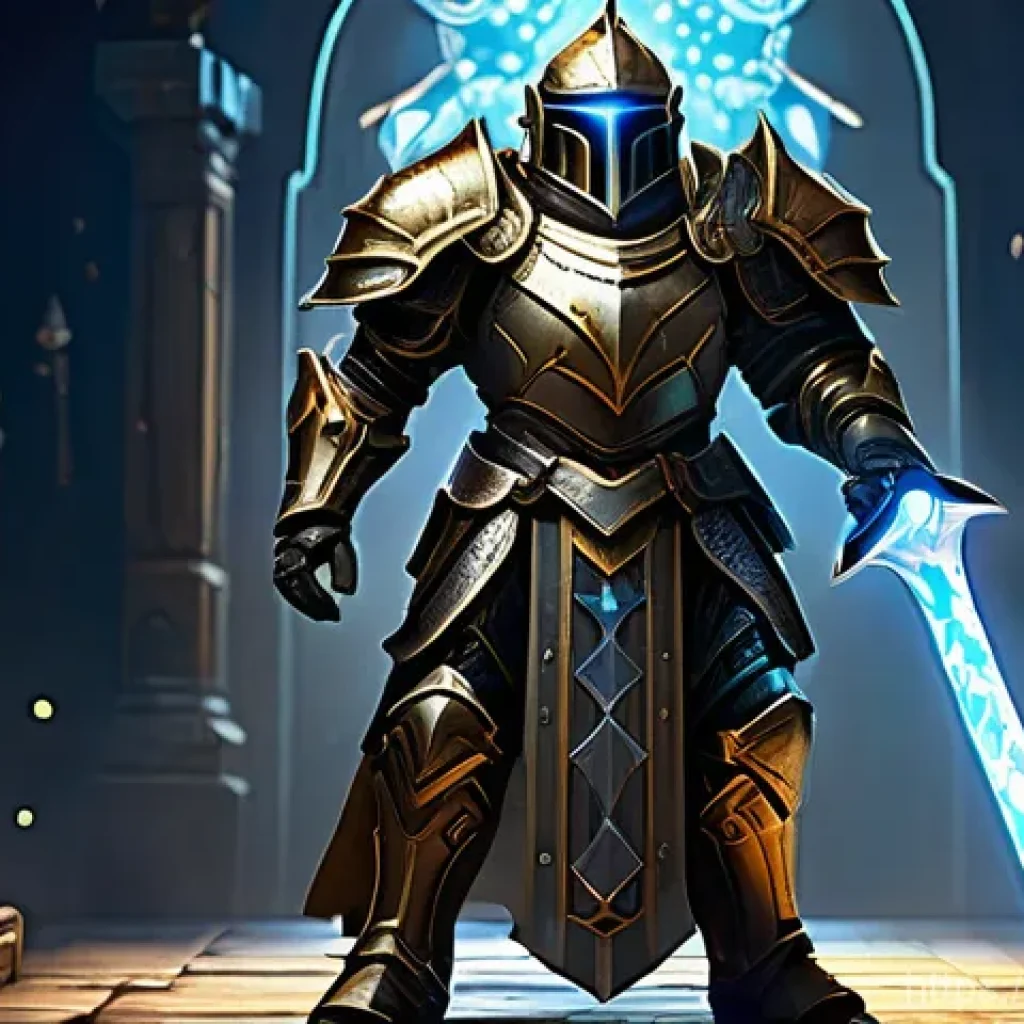 디아블로2 아케인 생츄어리의 비밀 - **Prompt:** A brave, fully armored Hammerdin Paladin, clad in detailed, gleaming plate armor and hel...