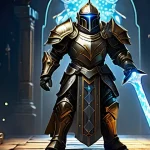 Home 15 디아블로2 아케인 생츄어리의 비밀 - **Prompt:** A brave, fully armored Hammerdin Paladin, clad in detailed, gleaming plate armor and hel...