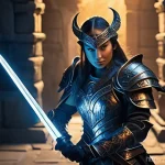 Home 13 디아블로2 해외 랭킹 순위 - A determined female fantasy warrior, clad in intricate, full-body plate armor, expertly wielding a g...