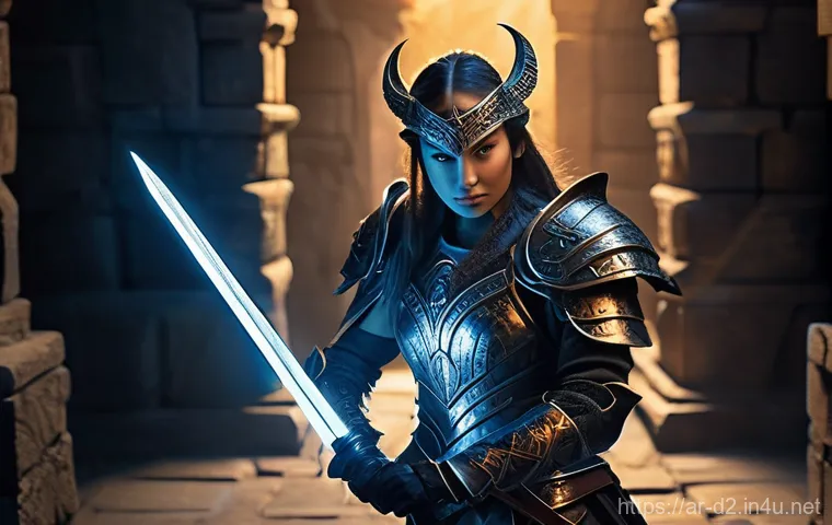 디아블로2 해외 랭킹 순위 - A determined female fantasy warrior, clad in intricate, full-body plate armor, expertly wielding a g...