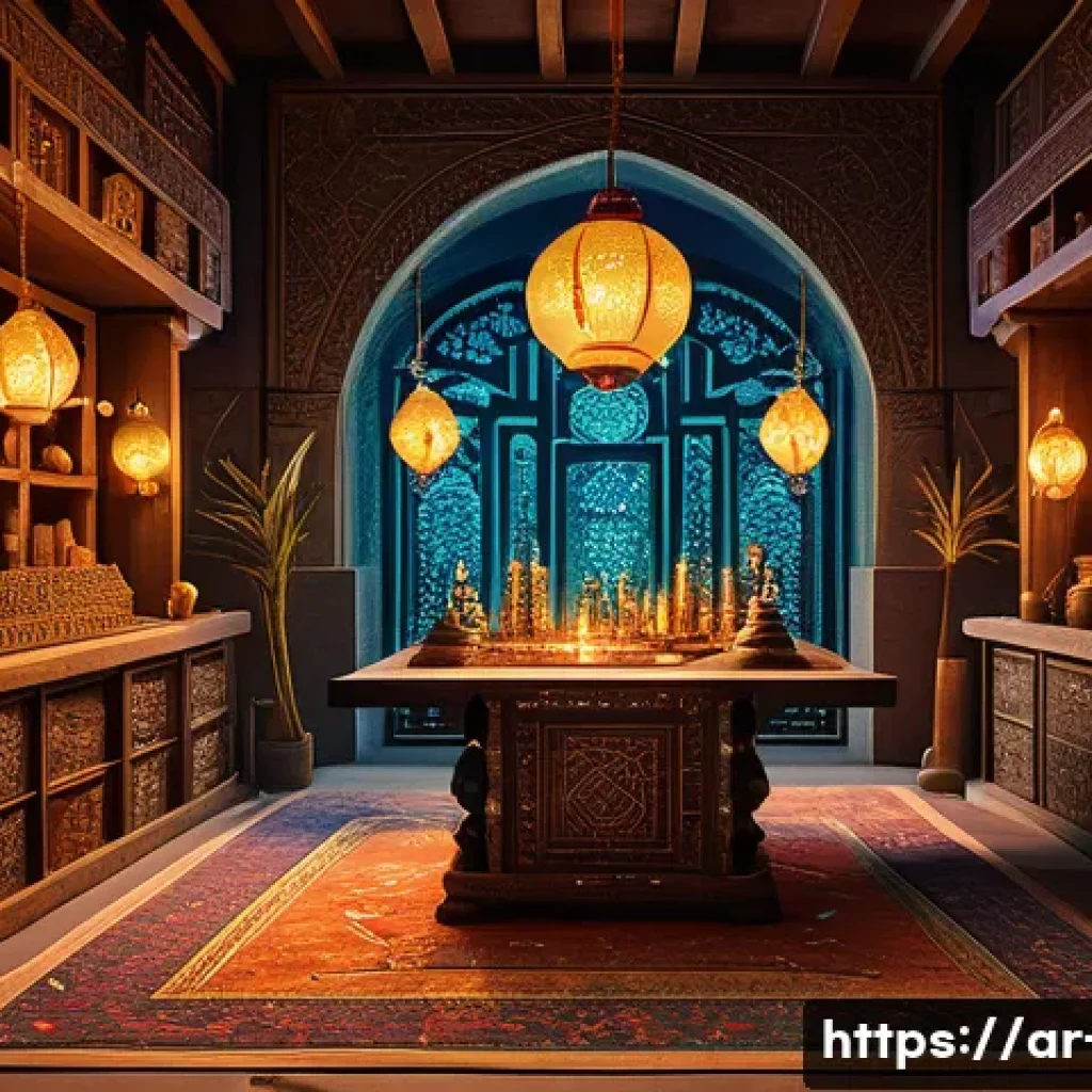 디아블로2 업그레이드 큐빙 레시피 - A detailed fantasy scene of a mystical alchemist's workshop inspired by Middle Eastern aesthetics, f...