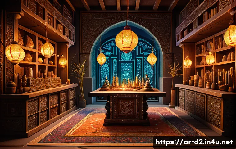 디아블로2 업그레이드 큐빙 레시피 - A detailed fantasy scene of a mystical alchemist's workshop inspired by Middle Eastern aesthetics, f...