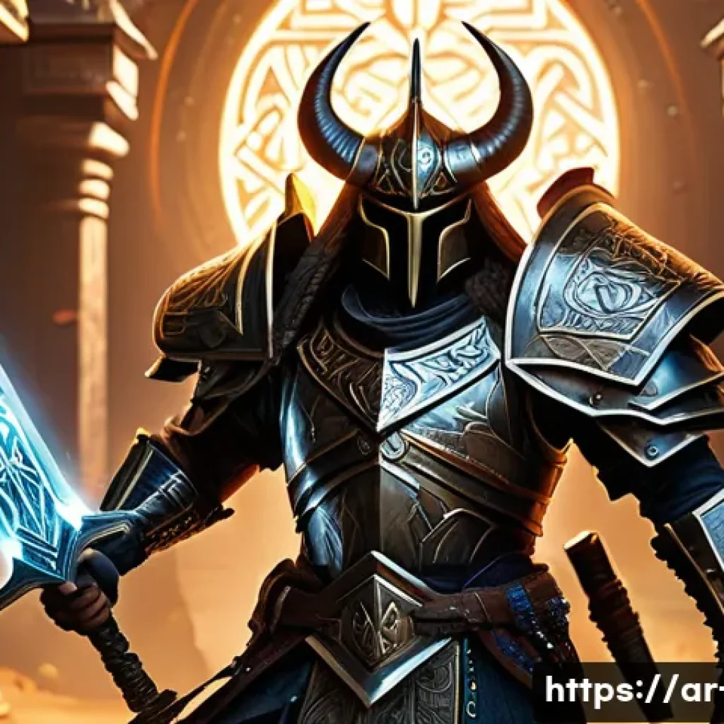 디아블로2 특수 룬워드 조합 - A powerful Diablo 2 warrior character clad in intricately designed heavy armor with multiple sockete...