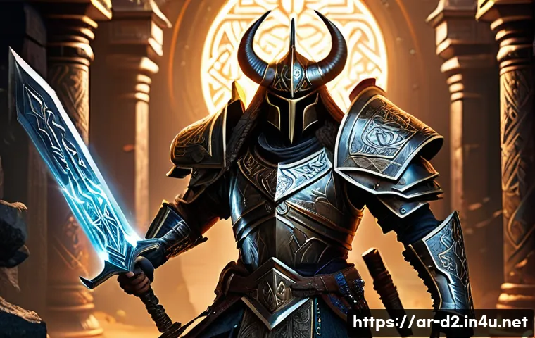 디아블로2 특수 룬워드 조합 - A powerful Diablo 2 warrior character clad in intricately designed heavy armor with multiple sockete...