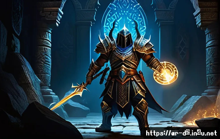 디아블로2 엔드게임 콘텐츠 - A dynamic battle scene set in a dark fantasy Endgame environment inspired by Diablo 2, featuring a s...