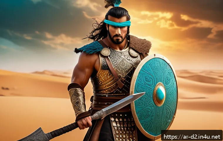 디아블로2 캐릭터 스킬 트리 추천 - A powerful male Barbarian warrior standing in a desert battleground inspired by Middle Eastern lands...