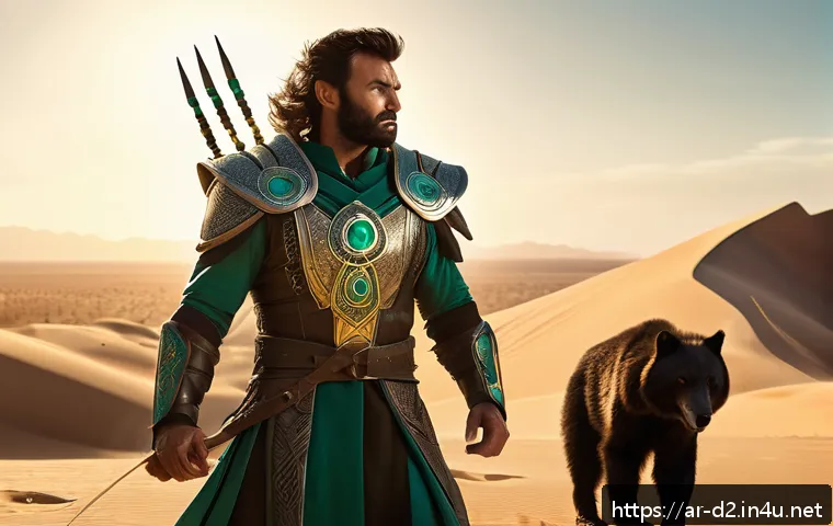 디아블로2 드루이드 소환 빌드 - A powerful druid summoner in a desert oasis setting inspired by Middle Eastern culture, surrounded b...