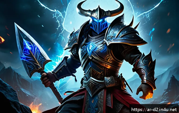 디아블로2 부적 효과 및 활용 - A dynamic battle scene in a dark fantasy setting inspired by Diablo 2, featuring a powerful melee wa...
