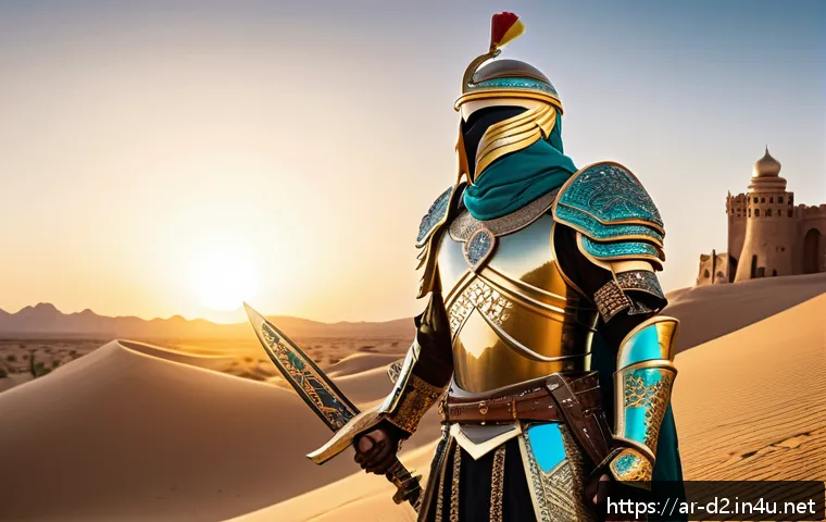 디아블로2 아이템 강화 팁 - A detailed fantasy scene showing a Middle Eastern-inspired warrior character in intricately designed...